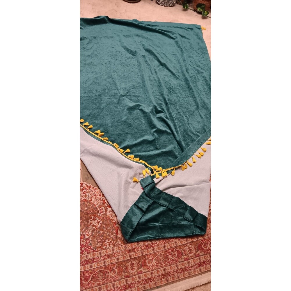 Opal House Full Length Green Velvet Yellow Tassle Curtain 52"x80"